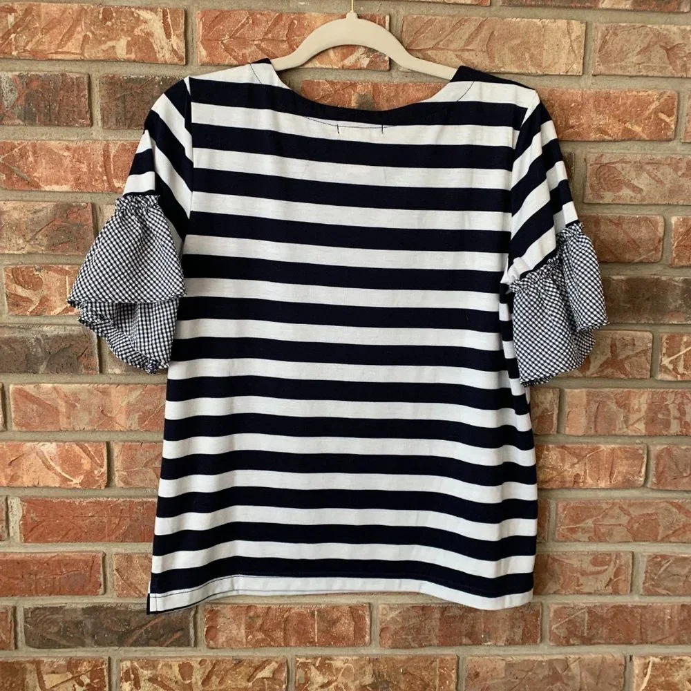 Women's Isela Navy and White Striped Gingham Nautical Ruffled Sleeves Blouse EUC - Picture 2 of 11